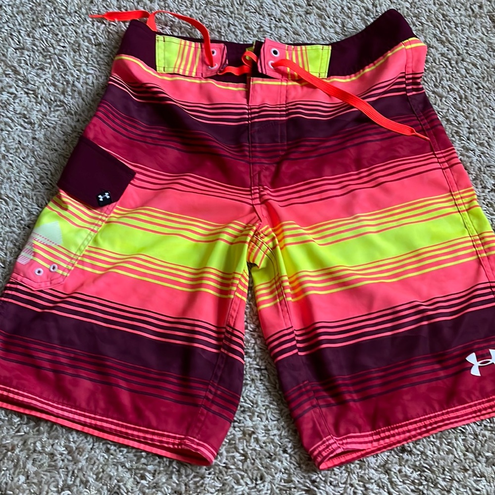 Under Armour Men's Striped Swim Shorts - Red, Yellow, Pink